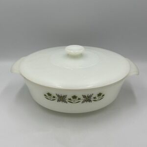 Vintage Fire King1.5 Qt Casserole W/Lid White/Green Meadow Design Anchor Hocking